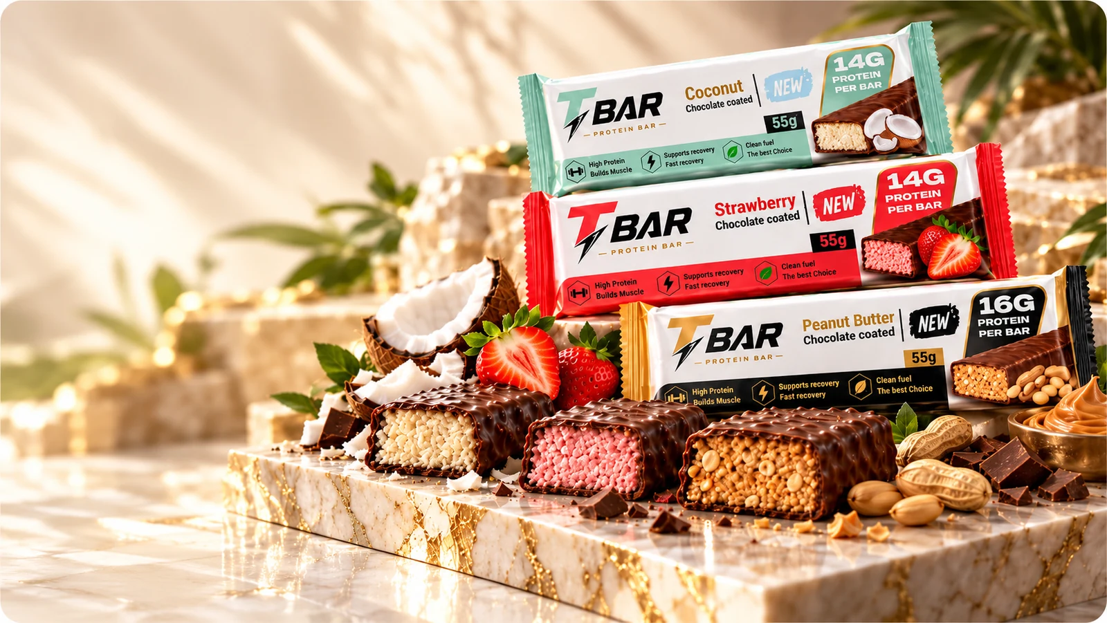 T BAR Coconut, Strawberry and Peanut Butter protein bars